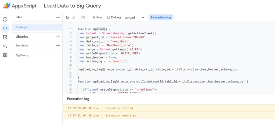 apps script bigquery: upload code to bigquery execution completed
